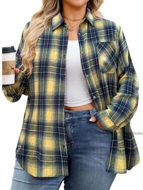 Plus Size Flannel Shirt Plaid Button Down Long Sleeve Cotton Polyester
